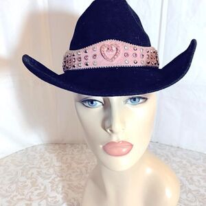 BullHide Cowgirl Cowboy Hat Black Wool Pink Calf Hair Jewel Studded Hatband Sz M